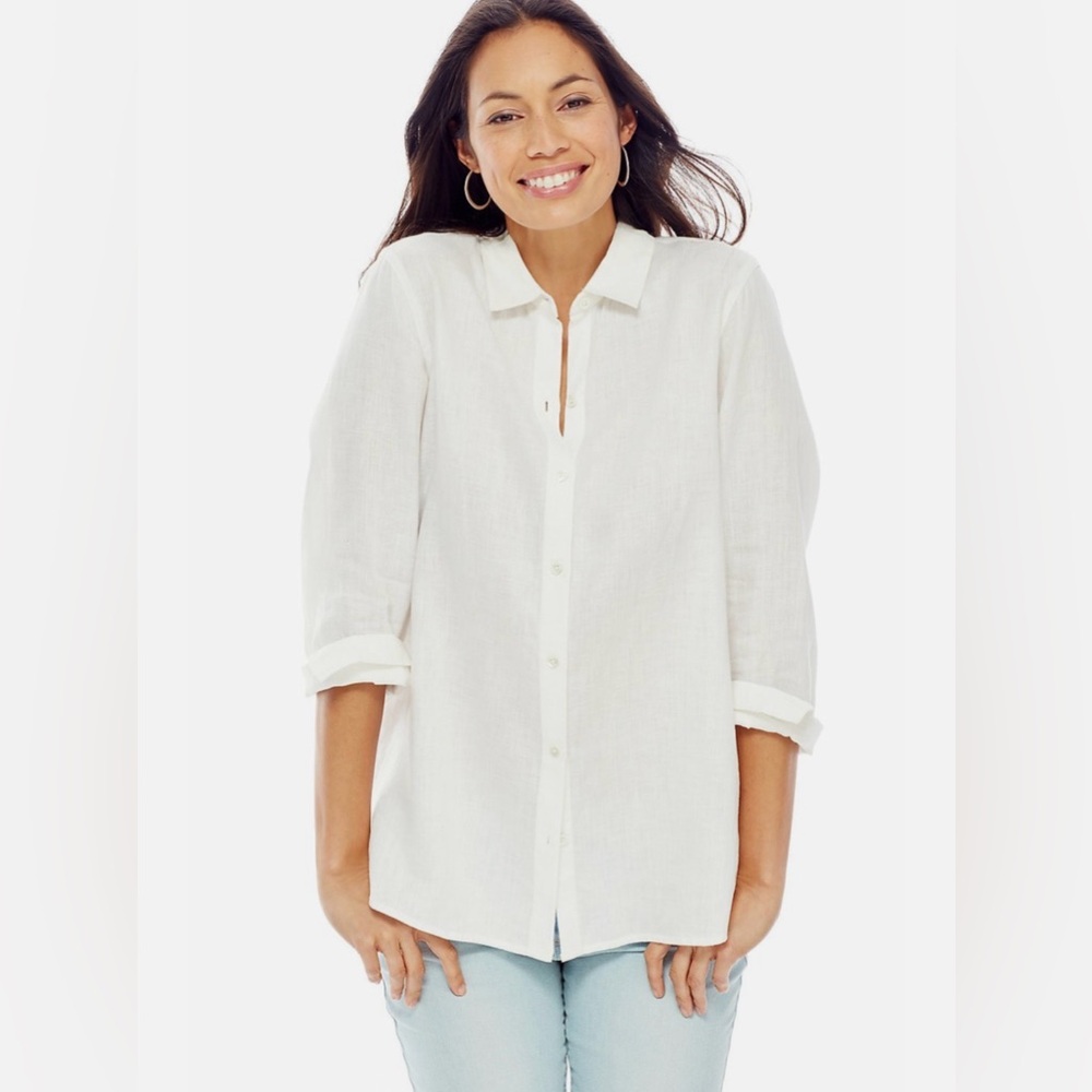 J Jill Love Linen White Long Sleeve Button Front Coastal Resort Shirt — Large